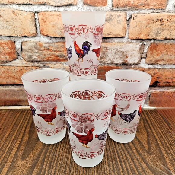 Culver Chicken Frosted Glass Set of 4 | Farmhouse Kitchen Decor - Picture 1 of 7